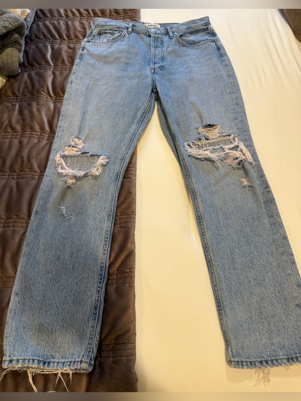 Agolde “Riley” Light Blue Distressed Straight-Leg Jeans